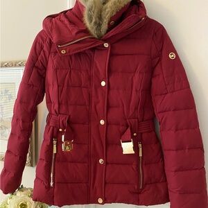 Michael Michael Kors Faux Fur Trim Quilted Belted Puffer Red  Coat, Size XXS